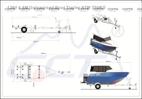 1360 4.8M Galvanised Boat Trailer For Sale ATM 750KG Suits boats 4.3 4.8m (14.1 15.7ft) boat Trailer