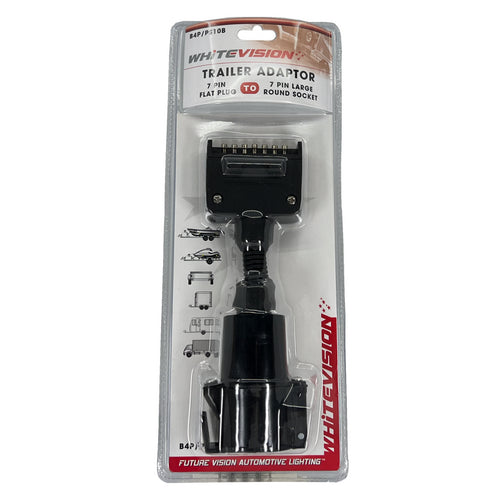 7 pin flat to round trailer adaptor - Flat 7 Pin Plug to Large Round 7 Pin Socket in blister packaging.
