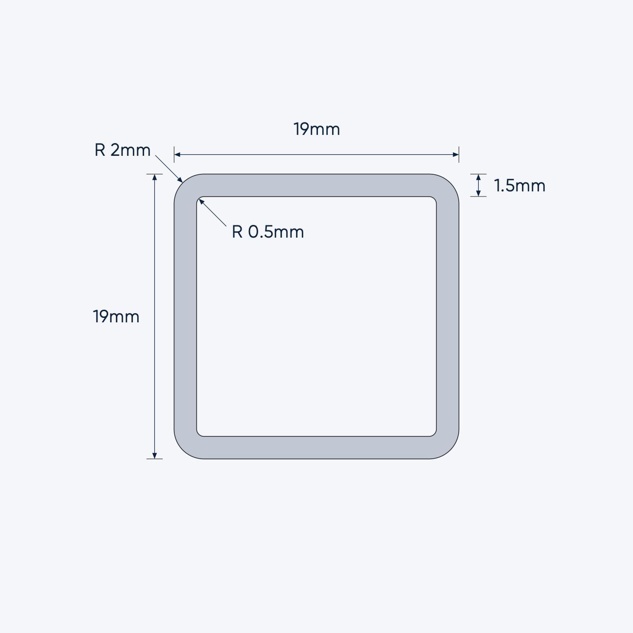 aluminium square hollow shs size 19 19 1 5 mm 2 mm r c 5