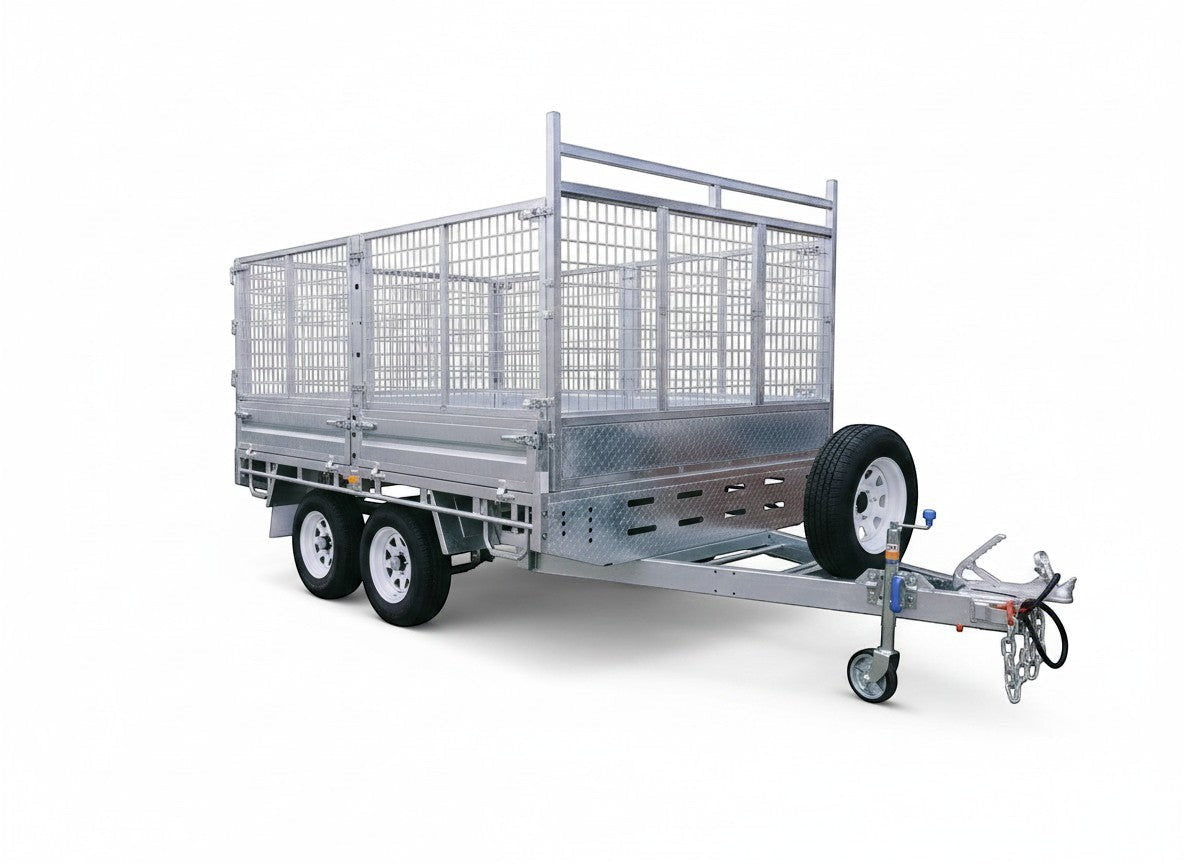 Coffs Metal Works galvanized steel dual-axle cage trailer with a spare tire mounted on the drawbar.
