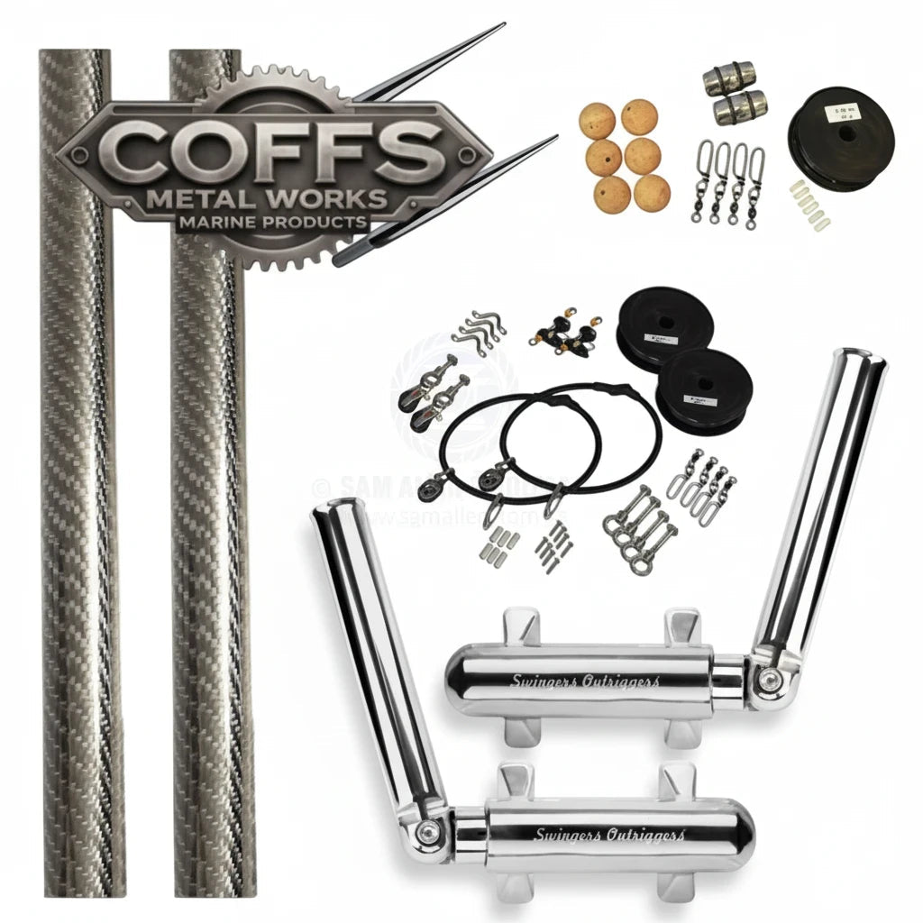 Coffs Metal Works Swingers outrigger kit with 3K carbon poles, polished stainless steel bases, and rigging hardware.