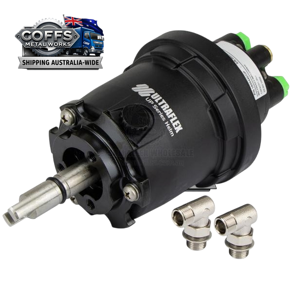 Coffs Metal Works Ultraflex hydraulic marine steering helm pump assembly with two metal elbow fittings