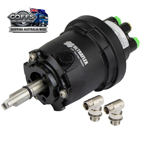 Coffs Metal Works Ultraflex hydraulic marine steering helm pump assembly with two metal elbow fittings