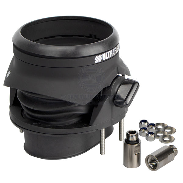 Coffs Metal Works ULTRAFLEX marine steering tilt mechanism in black with included mounting hardware and connectors