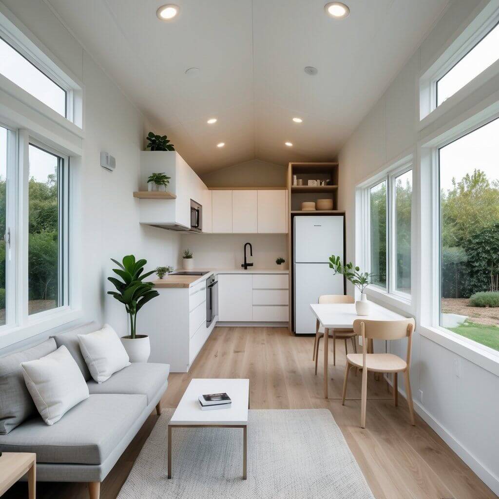 Aluminum Tiny House Trailer 6 meters by 2.4 meter duel Axel aluminum interior showcasing modern design and functionality.