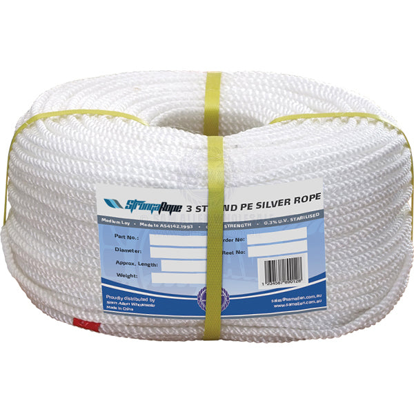STRONGAROPE ROPE - POLYETHYLENE SILVER - 3 STRAND LAID