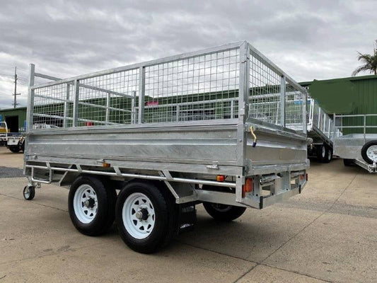 Flat Top Trailers 10 x 6 ft Tandem Flat Deck Trailer with Loading Ramps and cage ATM 3500kg Galvanized QLD