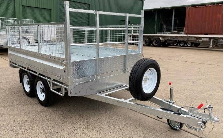 Flat Top Trailers 14 x 7 ft Tandem Flat Deck Trailer with Loading Ramps and cage ATM 3500kg Galvanized QLD