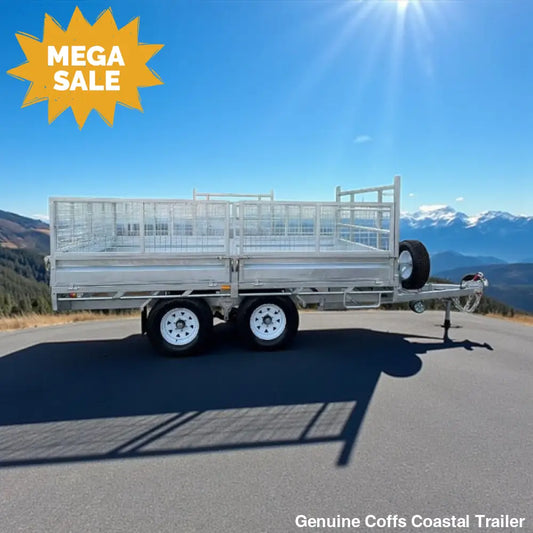14 x 7 ft HD Flat Deck Trailer with Loading Ramps and Cage ATM 3.5 or 4.5 tonne Genuine flatbed trailer