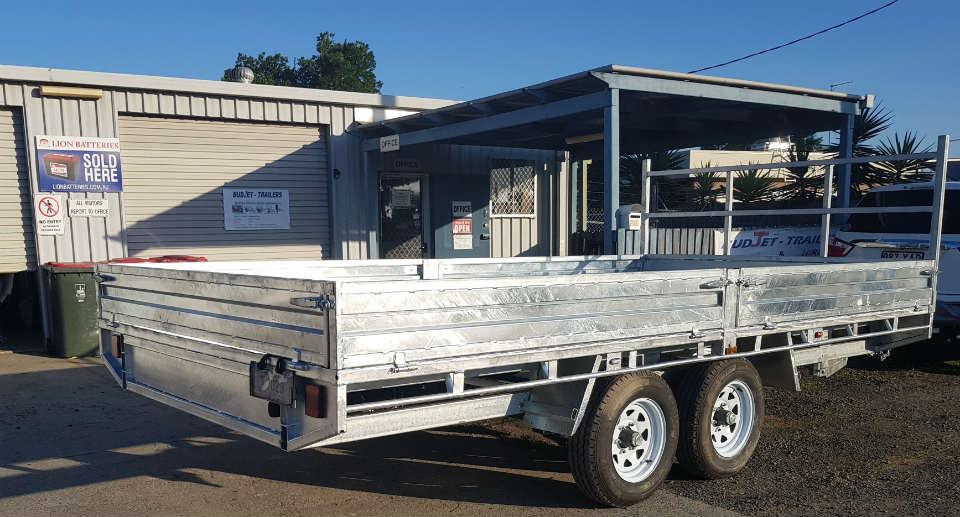 Flat Top Trailers 14 x 7 ft Tandem Flat Deck Trailer with Loading Ramps and cage ATM 3500kg Galvanized QLD