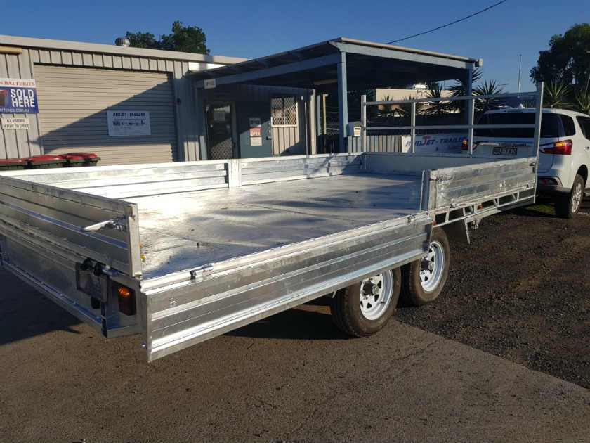 Flat Top Trailers 14 x 7 ft Tandem Flat Deck Trailer with Loading Ramps and cage ATM 3500kg Galvanized QLD