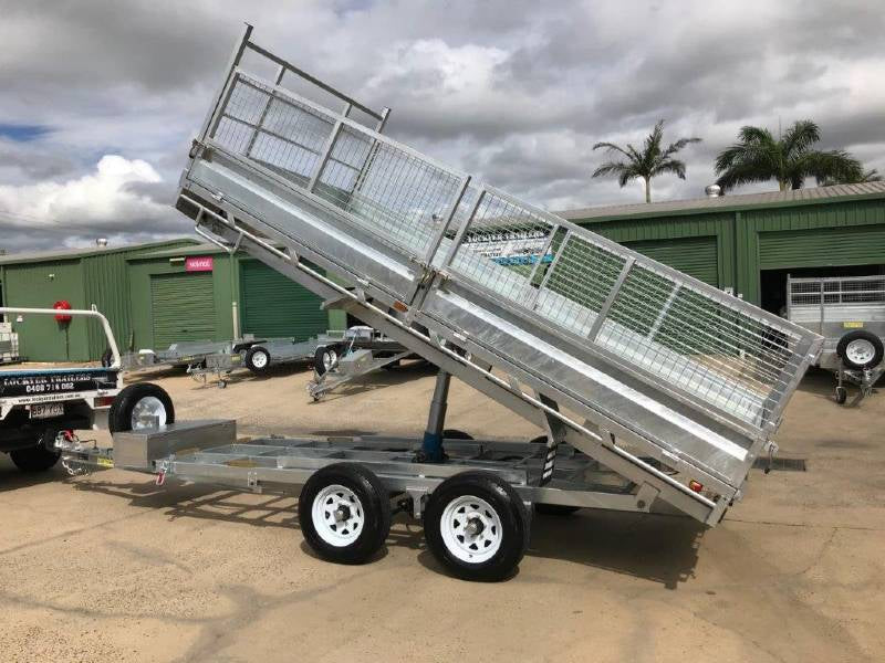 12 x 7 ft Tandem Flat Top Hydraulic Tipper Trailer with Loading Ramps & Cage ATM 3500kg, Galvanized QLD Cage 600mm