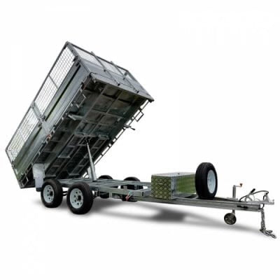 12 x 7 ft Tandem Flat Top Hydraulic Tipper Trailer with Loading Ramps & Cage ATM 3500kg, Galvanized QLD Cage 600mm