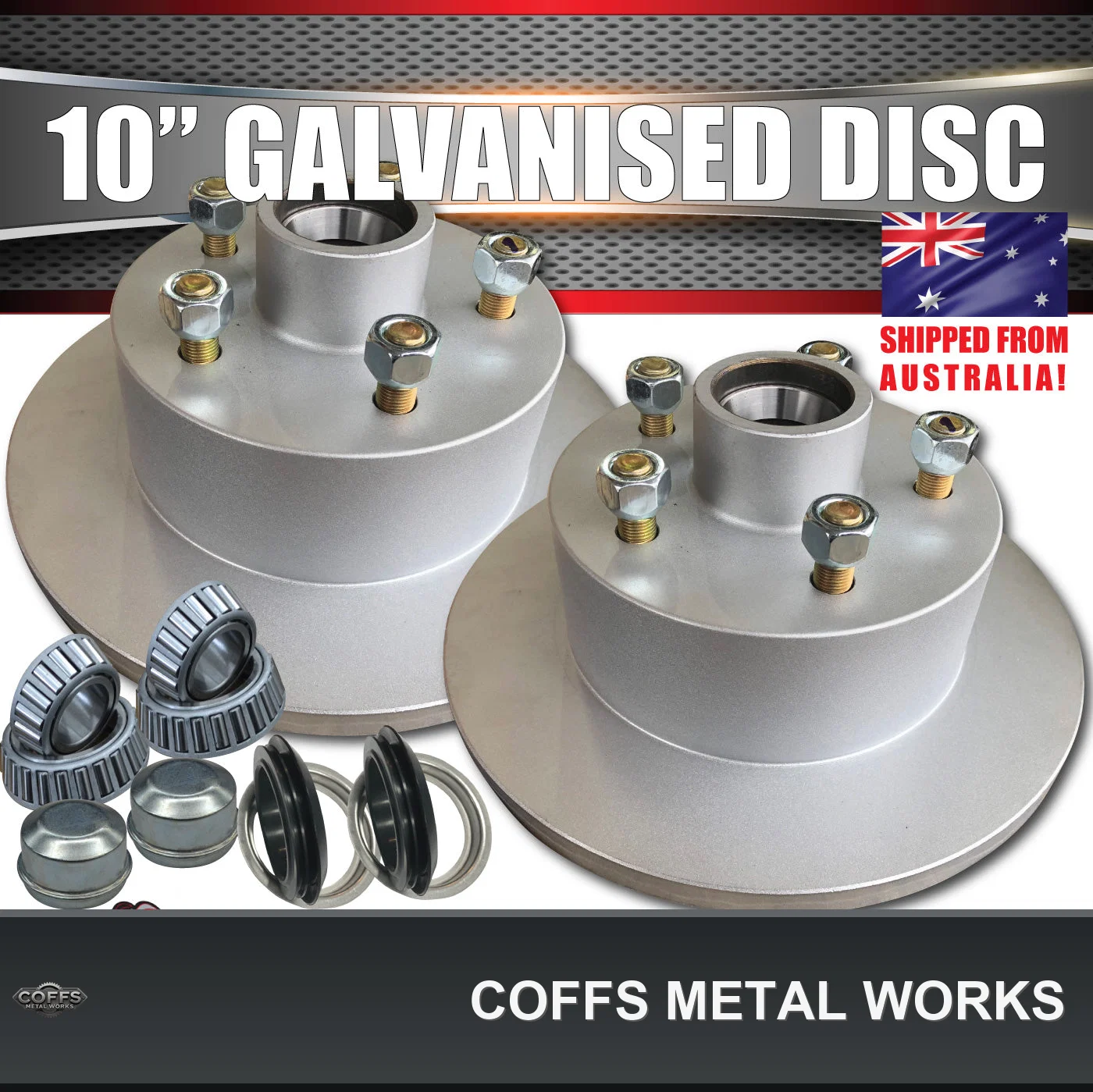 2x-ford-10-trailer-caravan-galvanised-dacromet-disc-hubs-lm-holden-bearings-coffs-metal-01