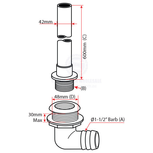 BAIT TANK OVERFLOW TUBE - THREADED DRAIN (SIZE 2)