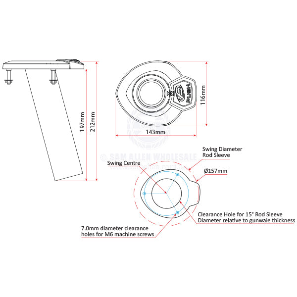 ROD HOLDER - 15° STREAMLINE - ROTATING - STAINLESS STEEL