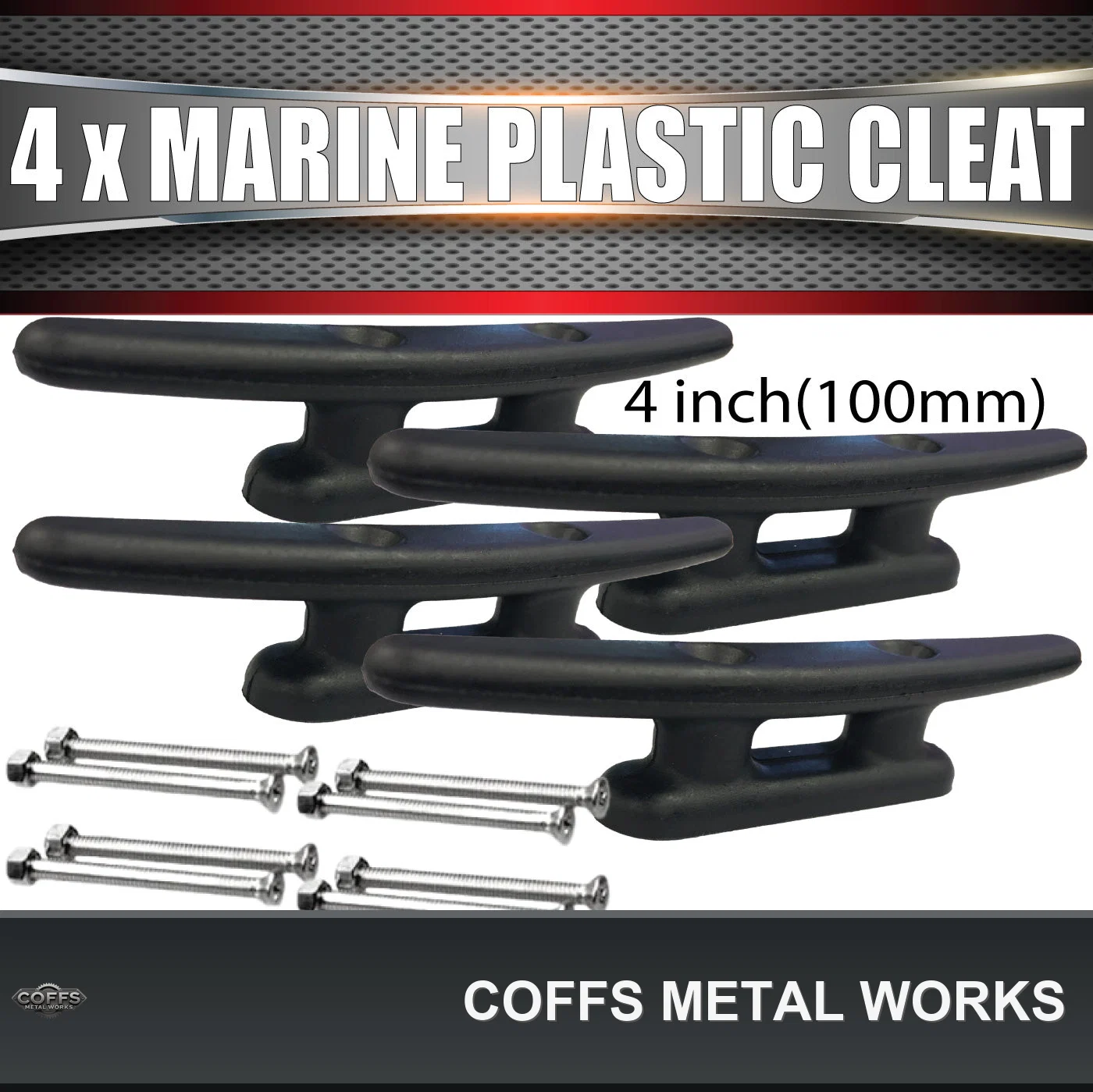 4x-100mm-marine-boat-yacht-black-nylon-plastic-cleat-ss-bolts-uv-resistant-coffs-metal-01