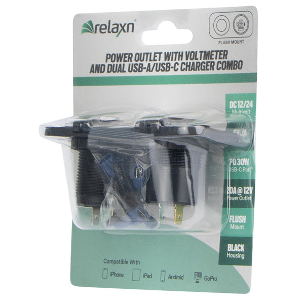 RELAXN SOCKET - DUAL PANEL - VOLTMETER, DUAL USB-A / USB-C CHARGER & CIGARETTE LIGHTER