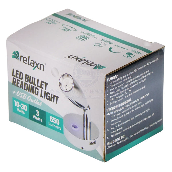 RELAXN LED - BULLET READING LIGHT - DIMMABLE - USB-A CHARGER