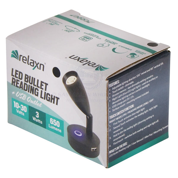RELAXN LED - BULLET READING LIGHT - DIMMABLE - USB-A CHARGER