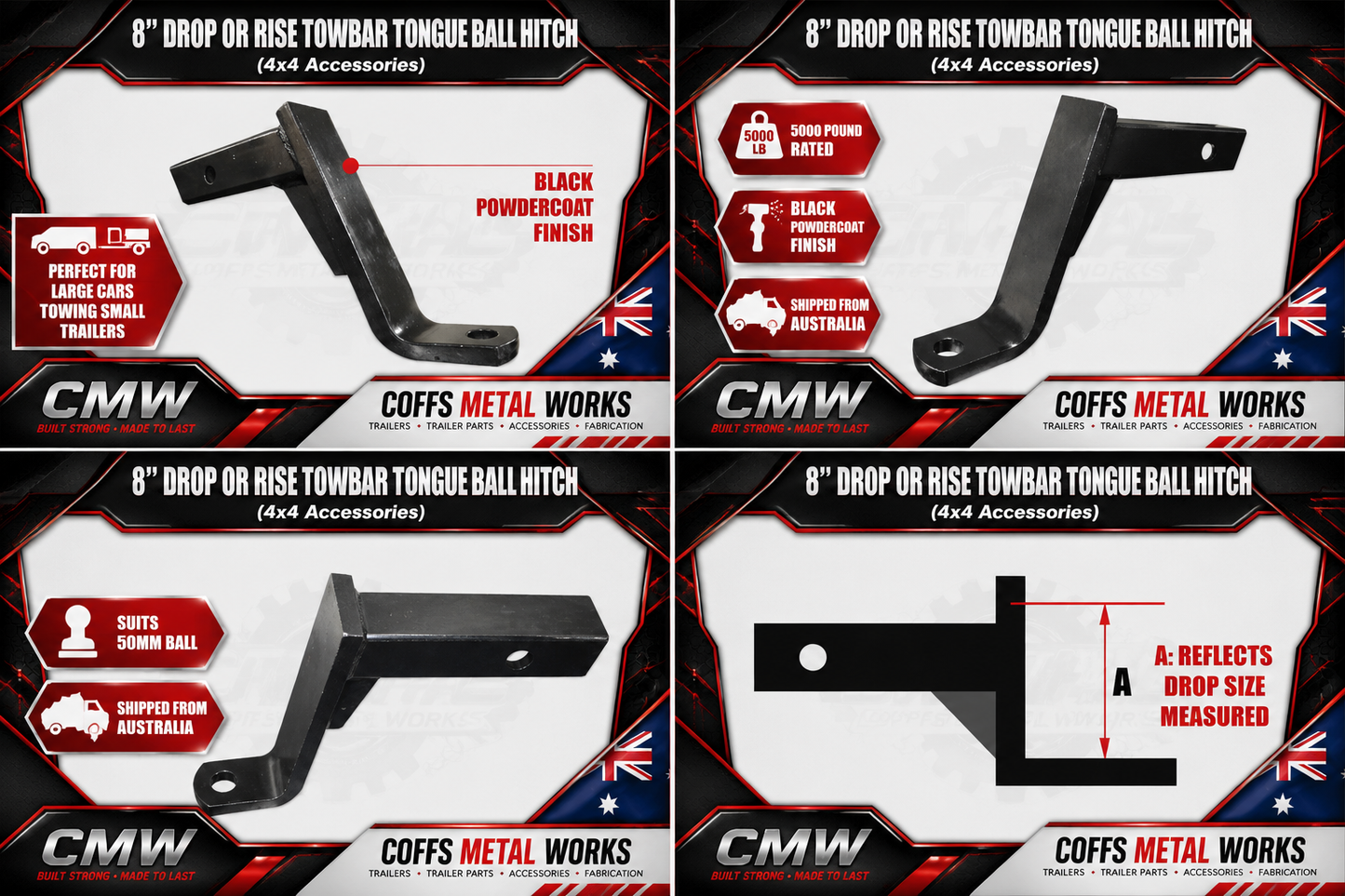 8" DROP OR RISE TOWBAR TONGUE BALL HITCH. SUIT HAYMAN REECE, ARB TJM.