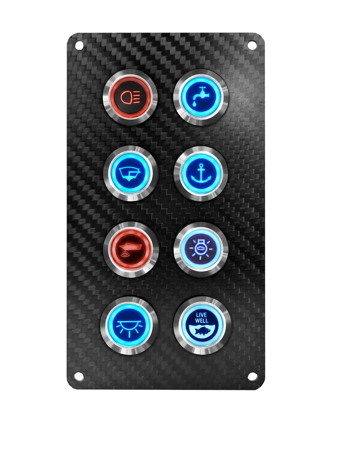 VIPER ELITE SERIES 8 GANG CARBON FIBRE SWITCH PANEL WITH 20AMP DUAL LED IP67 BACKLIT SWITCHES | Coffs Metal Works