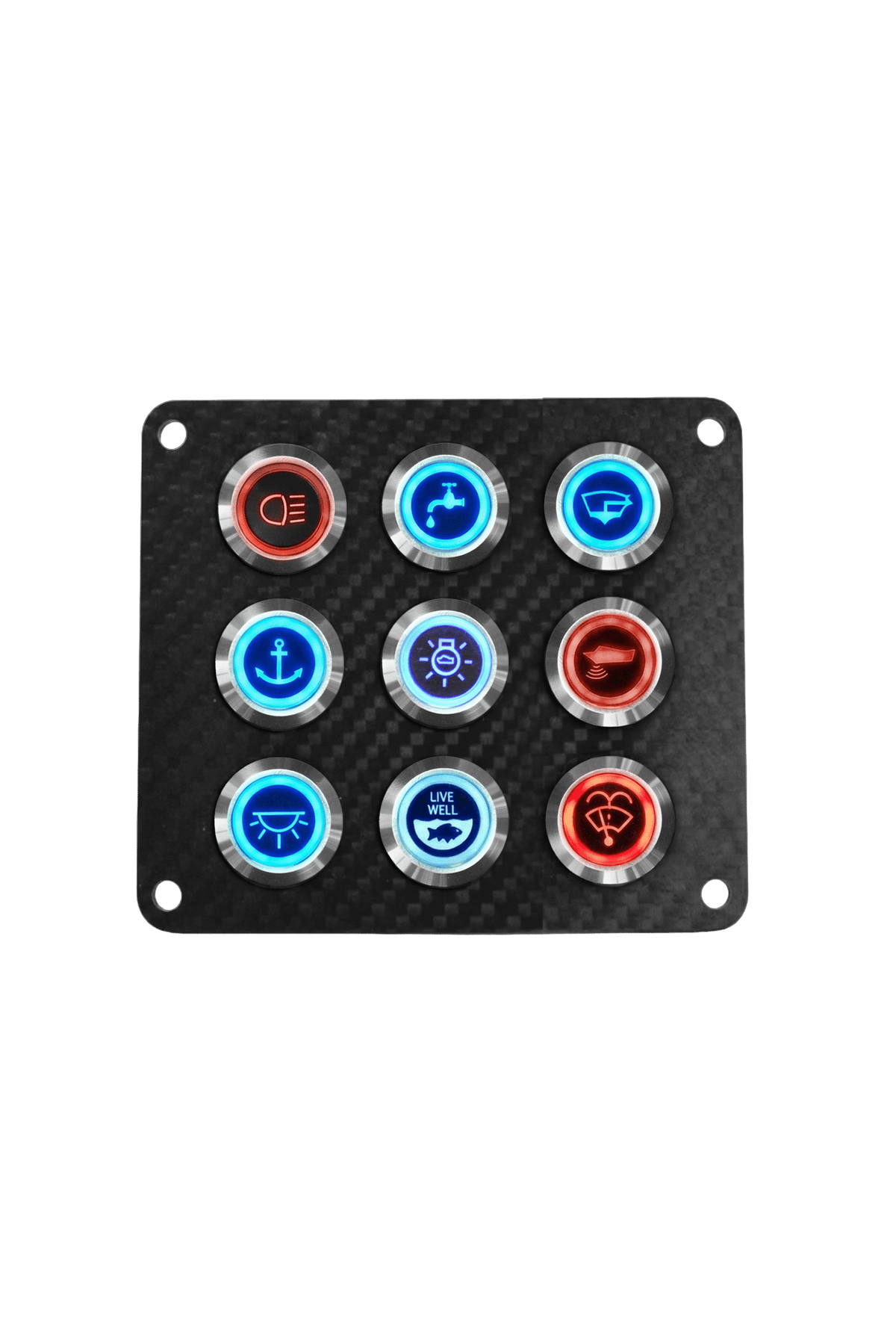 VIPER ELITE SERIES 9 GANG CARBON FIBRE SWITCH PANEL WITH 20AMP DUAL LED IP67 BACKLIT SWITCHES | Coffs Metal Works