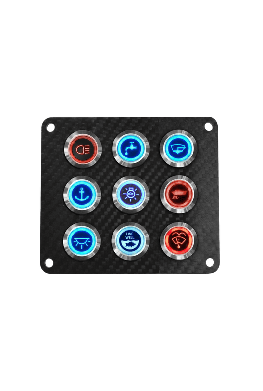 VIPER ELITE SERIES 9 GANG CARBON FIBRE SWITCH PANEL WITH 20AMP DUAL LED IP67 BACKLIT SWITCHES | Coffs Metal Works