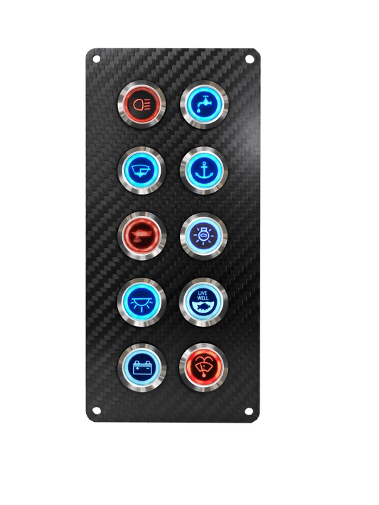 VIPER ELITE SERIES 10 GANG CARBON FIBRE SWITCH PANEL WITH 20AMP DUAL LED IP67 BACKLIT SWITCHES | Coffs Metal Works