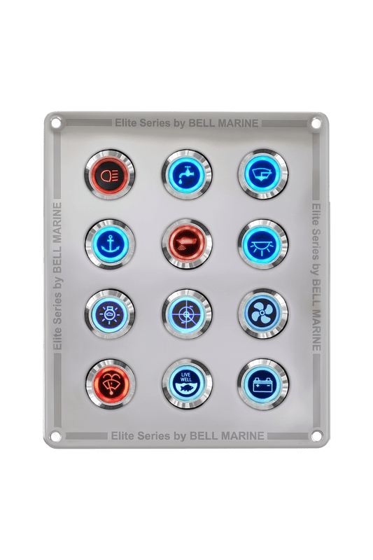12 GANG STAINLESS STEEL SWITCH PANEL WITH 20AMP DUAL LED IP67 BACKLIT SWITCHES | Coffs Metal Works