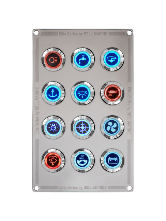 VIPER ELITE SERIES 12 GANG SLIMLINE STAINLESS STEEL SWITCH PANEL WITH 20AMP DUAL LED IP67 BACKLIT SWITCHES | Coffs Metal Works