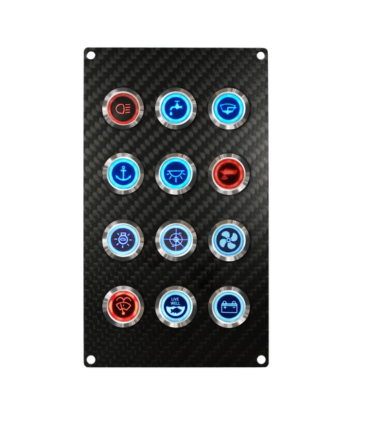 VIPER ELITE SERIES 12 GANG CARBON FIBRE SWITCH PANEL WITH 20AMP DUAL LED IP67 BACKLIT SWITCHES | Coffs Metal Works