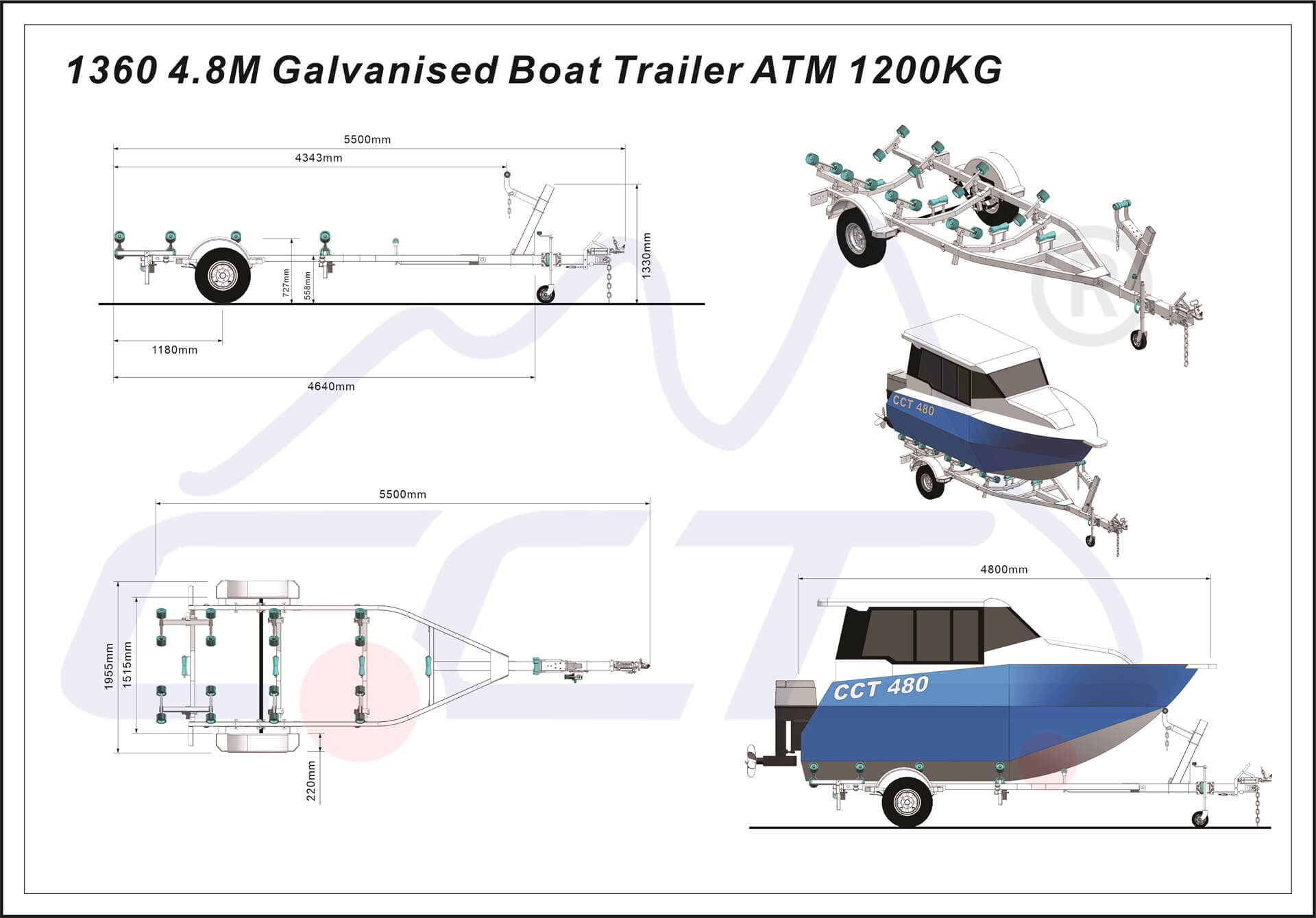 1360 4.8M Galvanised Boat Trailer For Sale ATM 1200KG – Suits boats 4.3 4.8m (14.1 15.7ft)