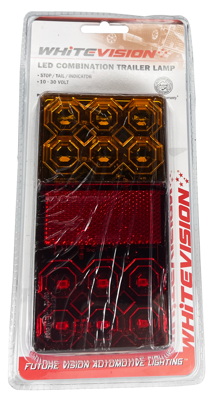 120 Series Left Hand LED trailer combination lamp packaging showcasing stop, tail, and indicator functions.