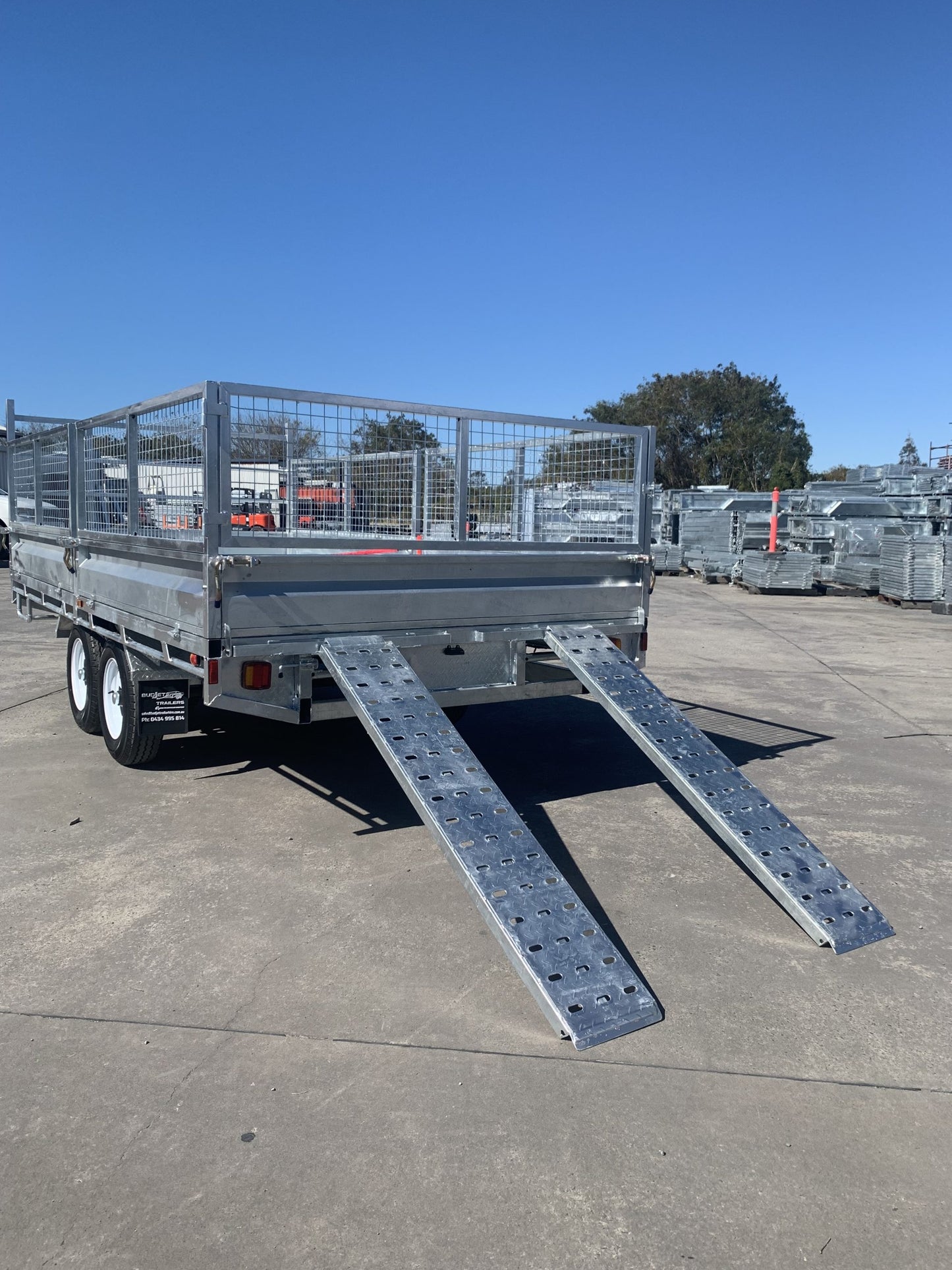 Flat Top Trailers 14 x 7 ft Tandem Flat Deck Trailer with Loading Ramps and cage ATM 3500kg Galvanized QLD