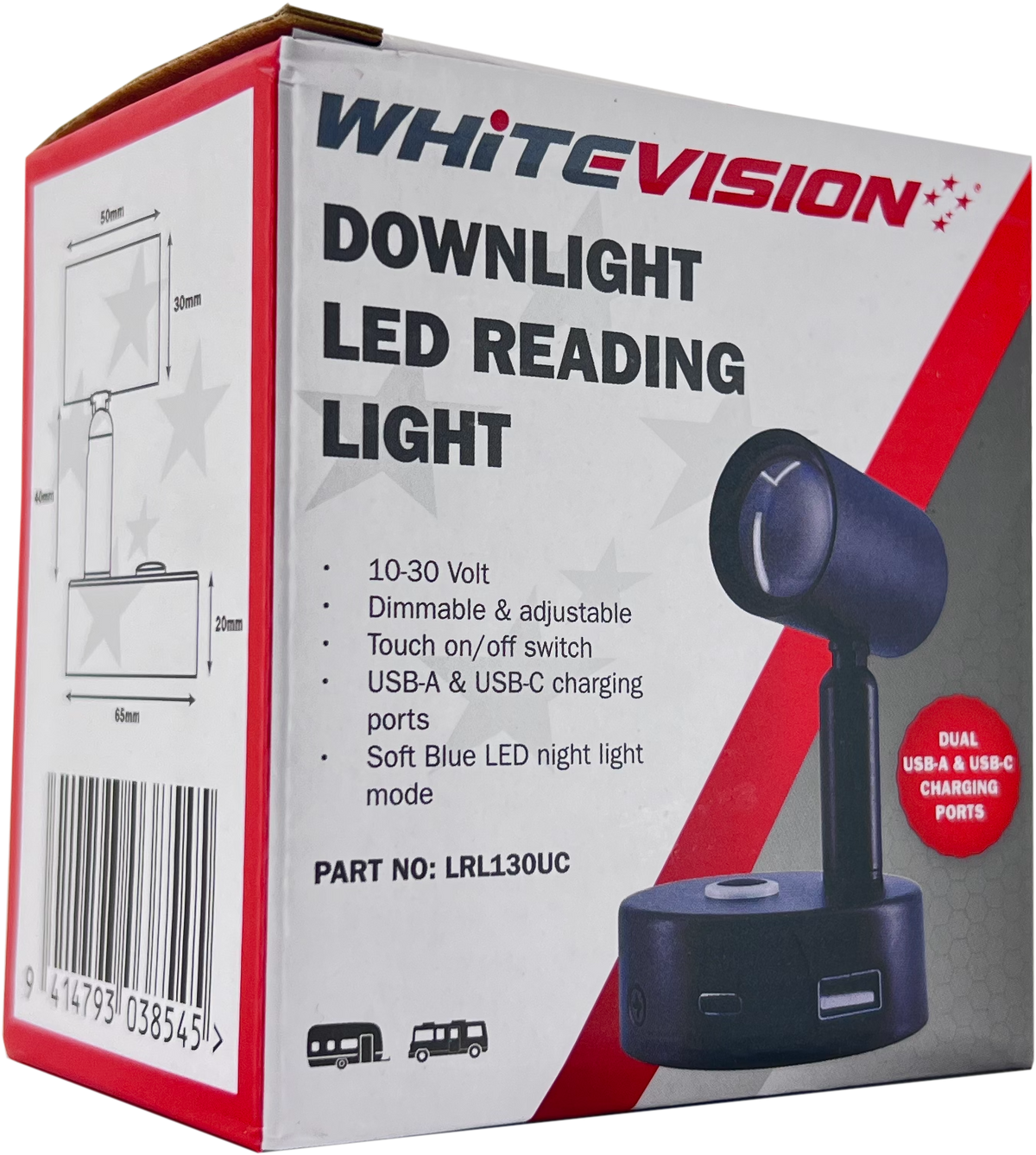 Black Downlight Reading Light Dual USB-A & USB-C