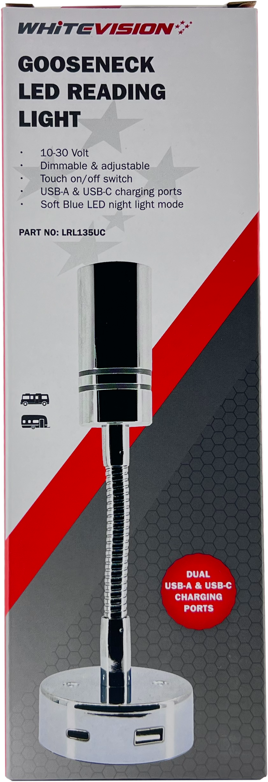Chrome Gooseneck Reading Light Dual USB-A & USB-C lighting 12 and 24 volt