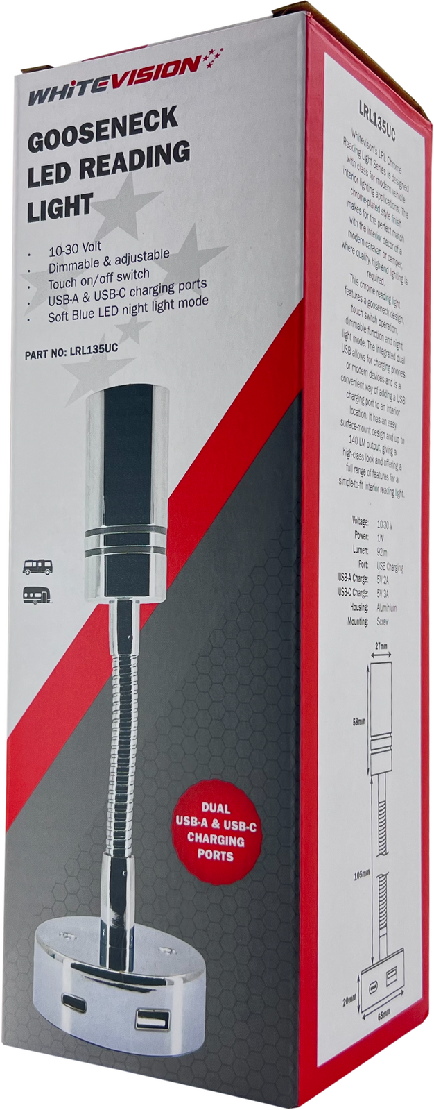 Chrome Gooseneck Reading Light Dual USB-A & USB-C