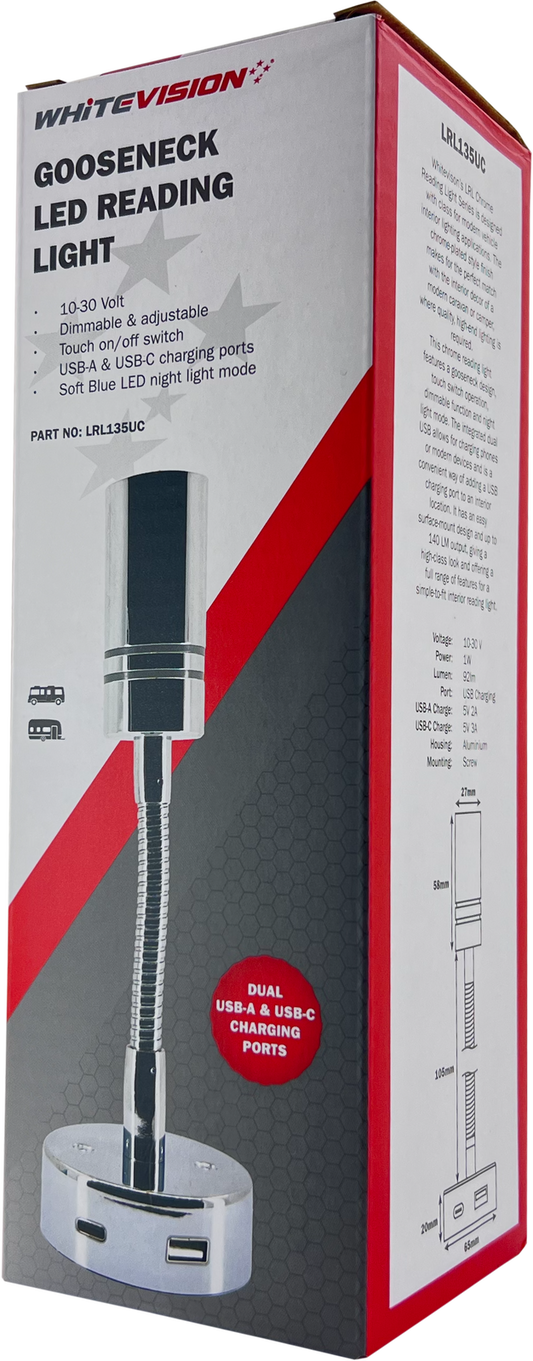 Chrome Gooseneck Reading Light Dual USB-A & USB-C