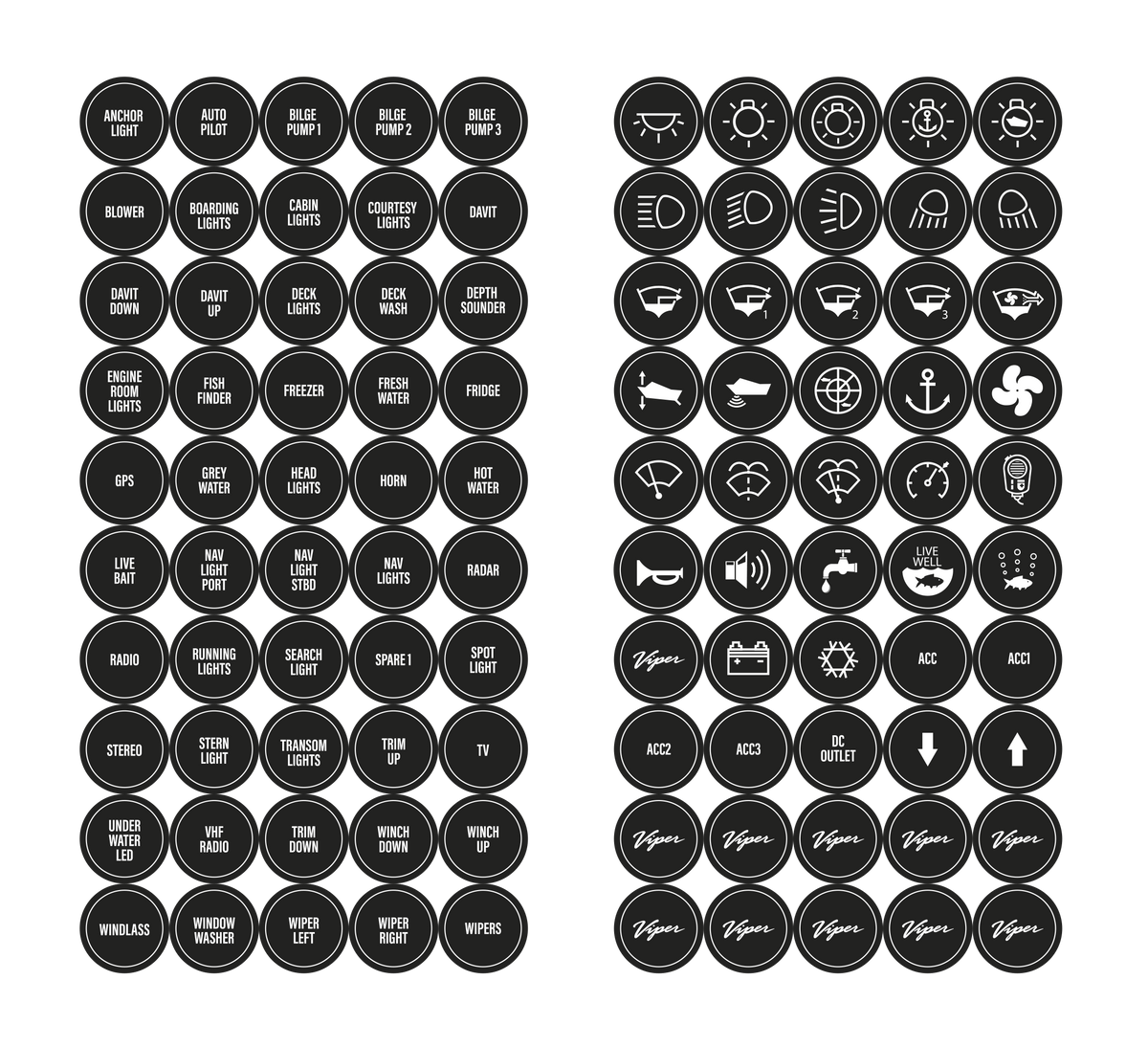 VIPER ELITE SERIES 100 X MARINE LABELS FOR 20AMP DUAL LED IP67 BACKLIT SWITCHES | Coffs Metal Works