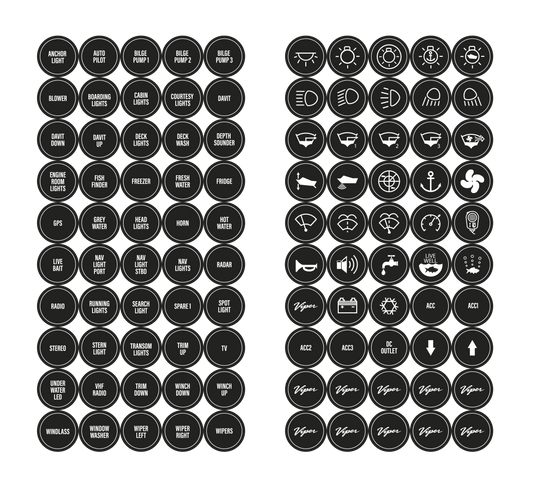 VIPER ELITE SERIES 100 X MARINE LABELS FOR 20AMP DUAL LED IP67 BACKLIT SWITCHES | Coffs Metal Works