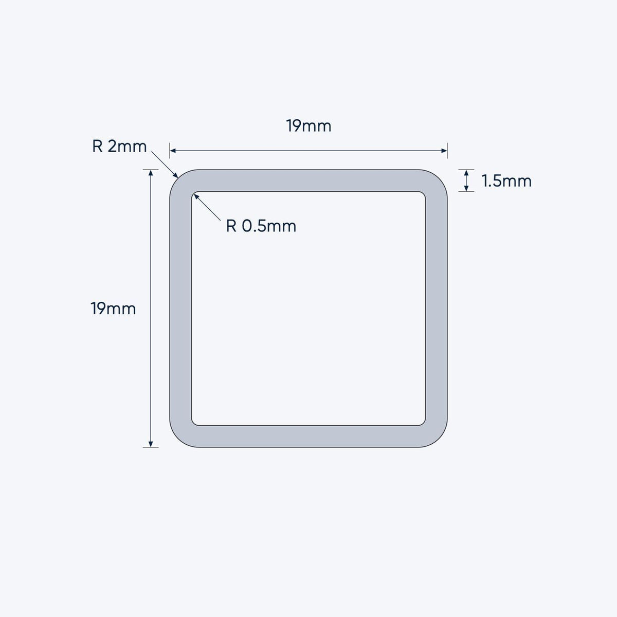 aluminium square hollow shs size 19 19 1 5 mm 2 mm r c 5