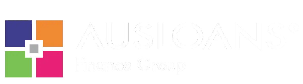 Ausloans finance group logo featuring bold white lettering alongside a colorful four-square grid design.