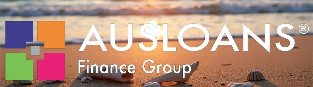 Ausloans finance group logo with colorful square blocks and white text on a sandy beach background.