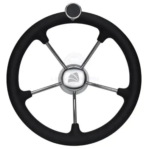 Black rubber-coated steering wheel with a chrome center hub and spokes, featuring a logo emblem.