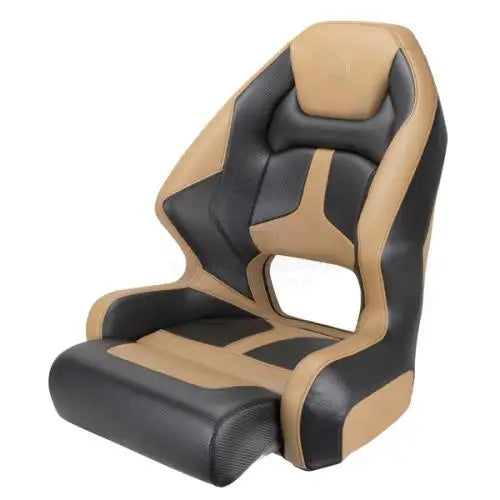 Black and tan performance racing seat with a sporty, contoured design.