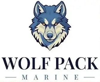 Blue and white stylized wolf head logo for wolf pack marine.