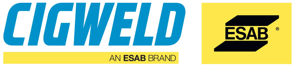 Cigweld, an esab brand logo featuring bold blue lettering on a yellow background with the black and white esab emblem to its right.