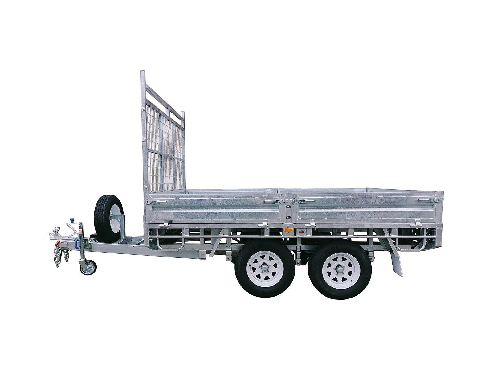 Coffs Metal Works 10x7 flat top trailer with tandem axles, checker plate floor, drop-down sides, and mesh cage.