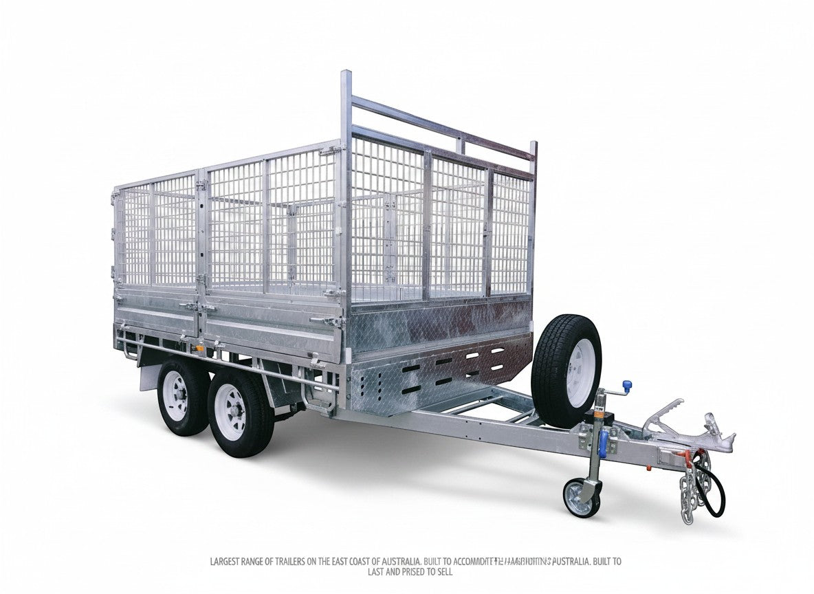 Coffs Metal Works 10x7 galvanised steel flat top trailer with cage, tandem axles, and spare wheel.